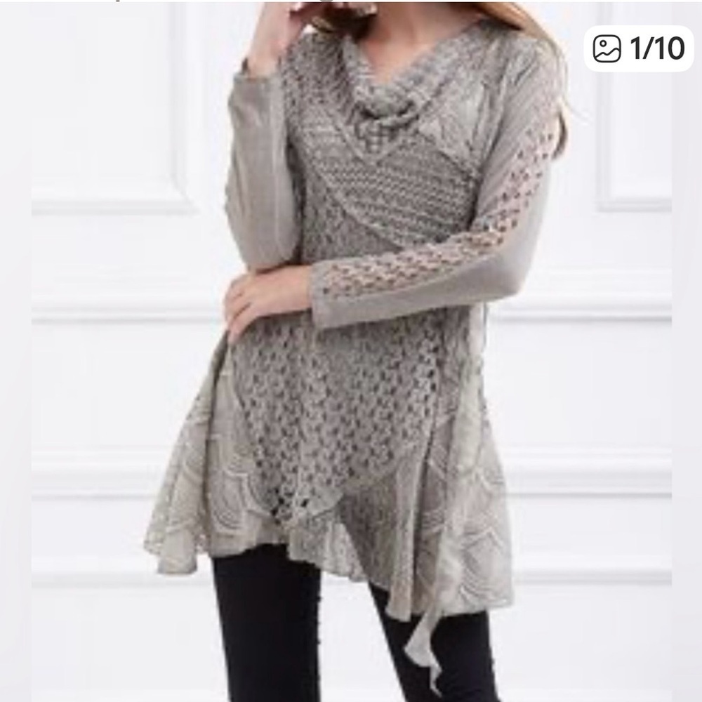 Feratelli asymmetrical lace tunic ribbed patch work artsy boho top size XL